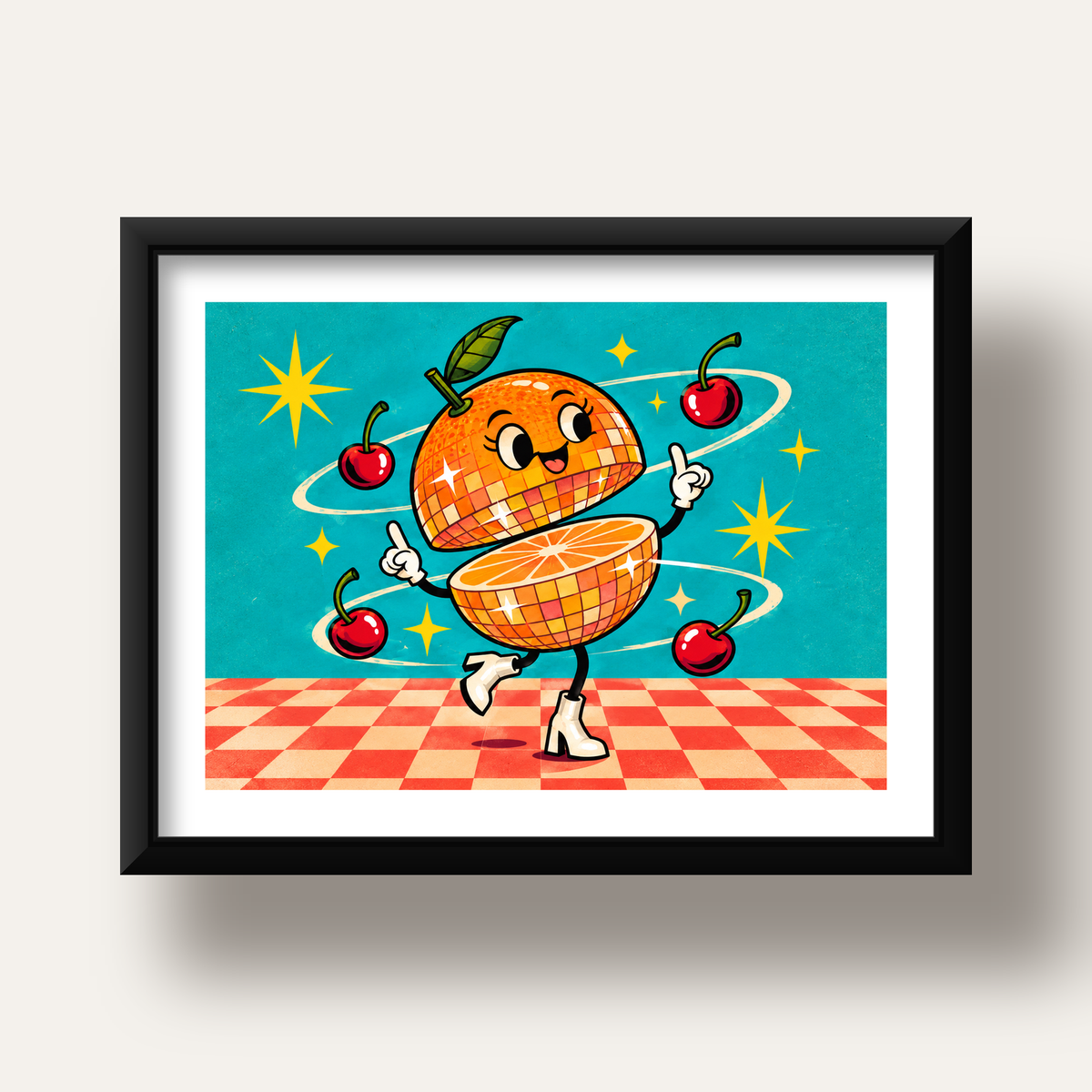 Dans Eden Portakal Karakterli Retro Disco Poster — siyah derin çerçeveli paspartulu