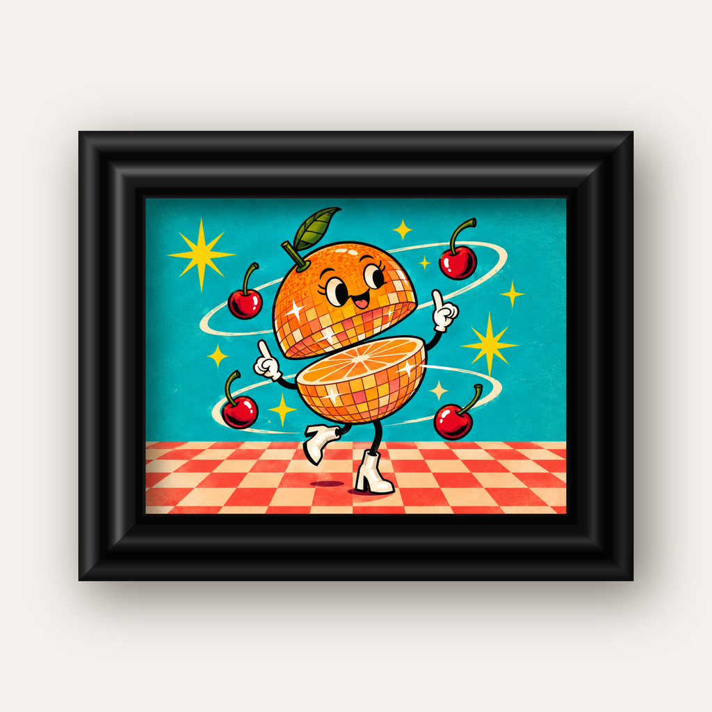 Dans Eden Portakal Karakterli Retro Disco Poster — siyah galeri çerçeveli