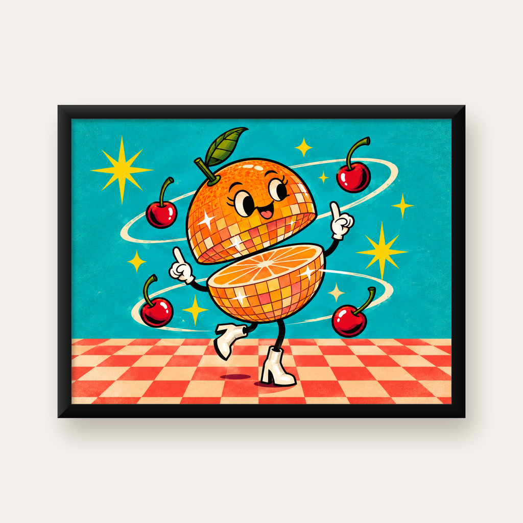 Dans Eden Portakal Karakterli Retro Disco Poster — Yatay baskı, düz siyah çerçeveli duvar posteri