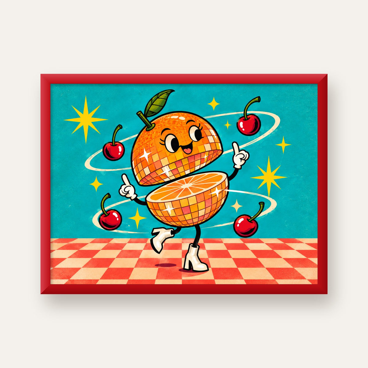 Dans Eden Portakal Karakterli Retro Disco Poster — kırmızı çerçeveli