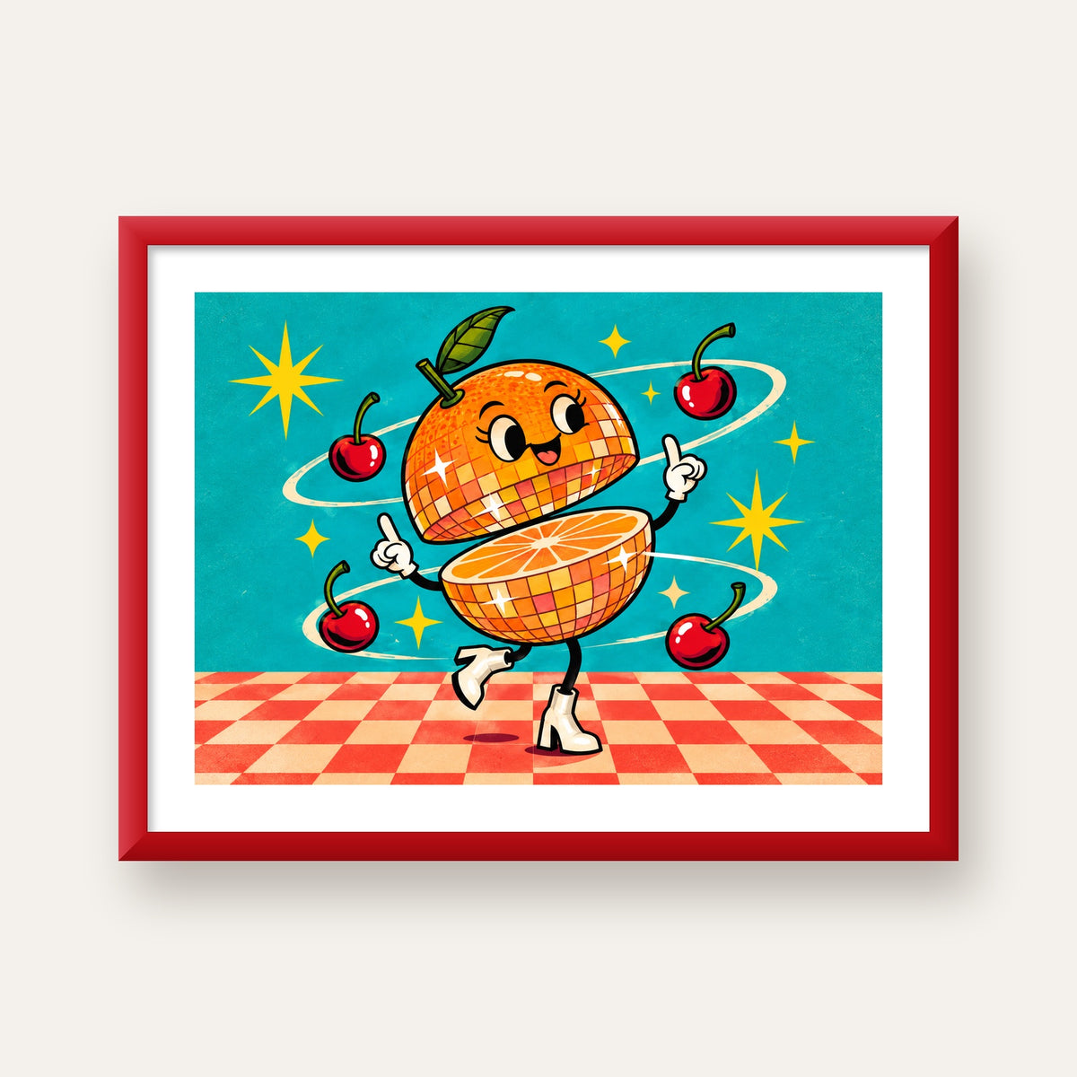 Dans Eden Portakal Karakterli Retro Disco Poster — kırmızı çerçeveli paspartulu