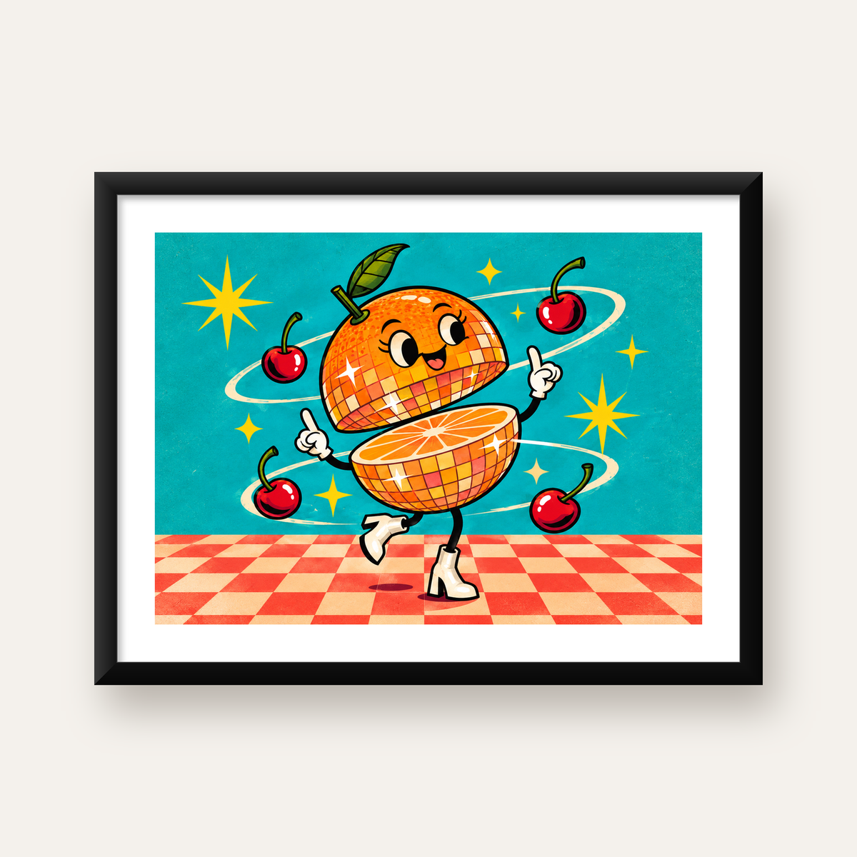 Dans Eden Portakal Karakterli Retro Disco Poster — Yatay baskı, beyaz paspartulu