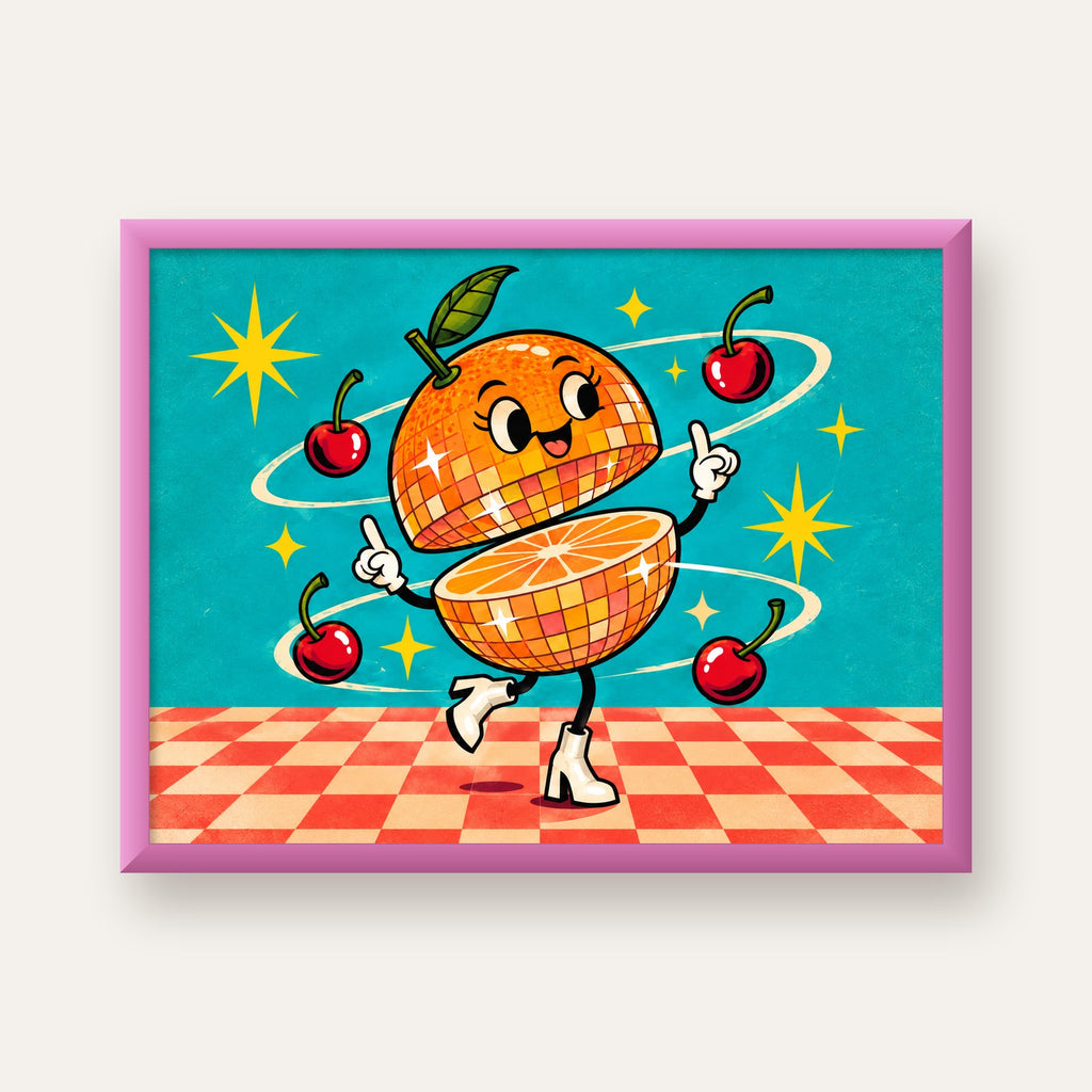 Dans Eden Portakal Karakterli Retro Disco Poster — pembe çerçeveli
