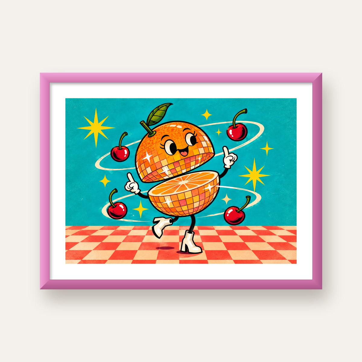 Dans Eden Portakal Karakterli Retro Disco Poster — pembe çerçeveli paspartulu
