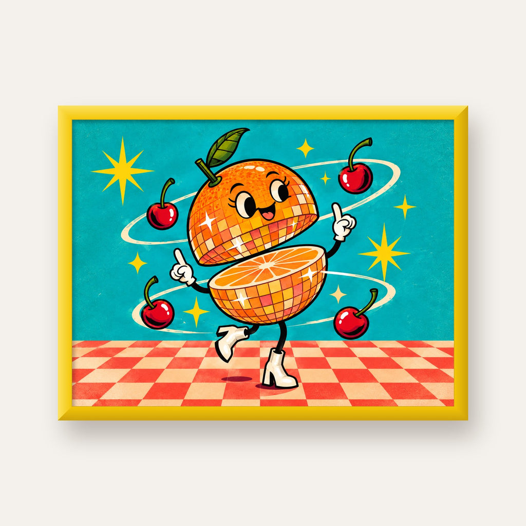 Dans Eden Portakal Karakterli Retro Disco Poster — sarı çerçeveli