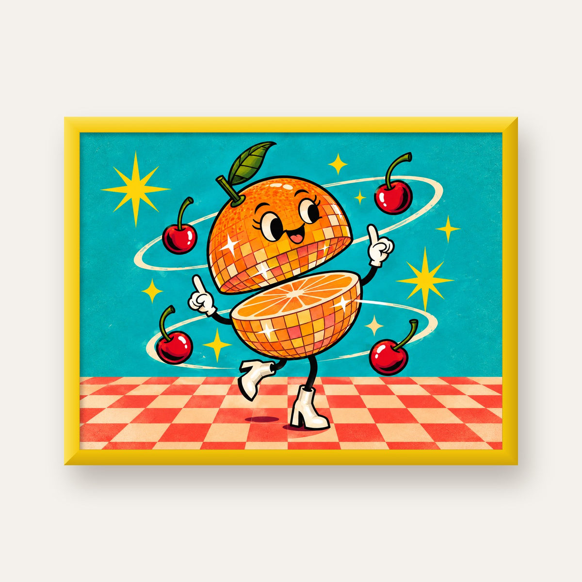 Dans Eden Portakal Karakterli Retro Disco Poster — sarı çerçeveli