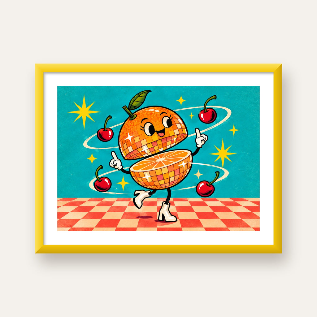 Dans Eden Portakal Karakterli Retro Disco Poster — sarı çerçeveli paspartulu
