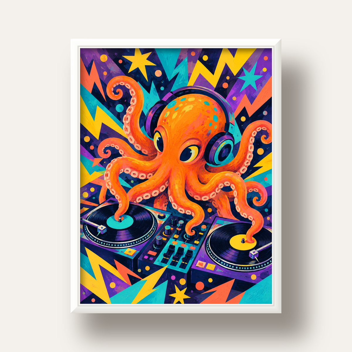 DJ Ahtapot Poster – Renkli Dijital İllüstrasyon Duvar Sanatı — beyaz derin çerçeveli