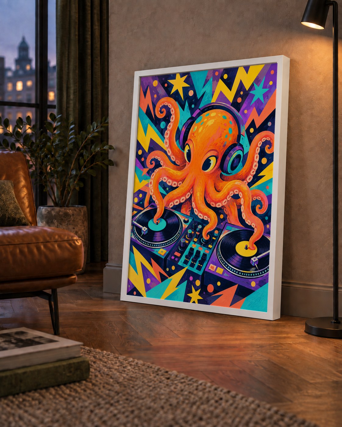 DJ Ahtapot Poster – Renkli Dijital İllüstrasyon Duvar Sanatı