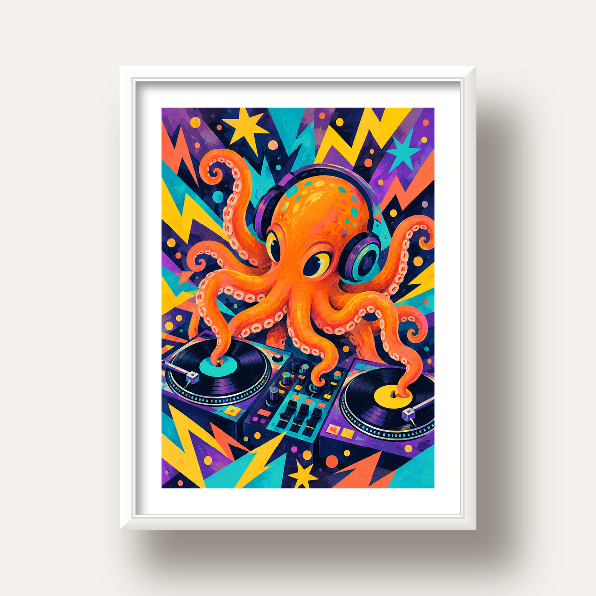 DJ Ahtapot Poster – Renkli Dijital İllüstrasyon Duvar Sanatı — beyaz derin çerçeveli paspartulu