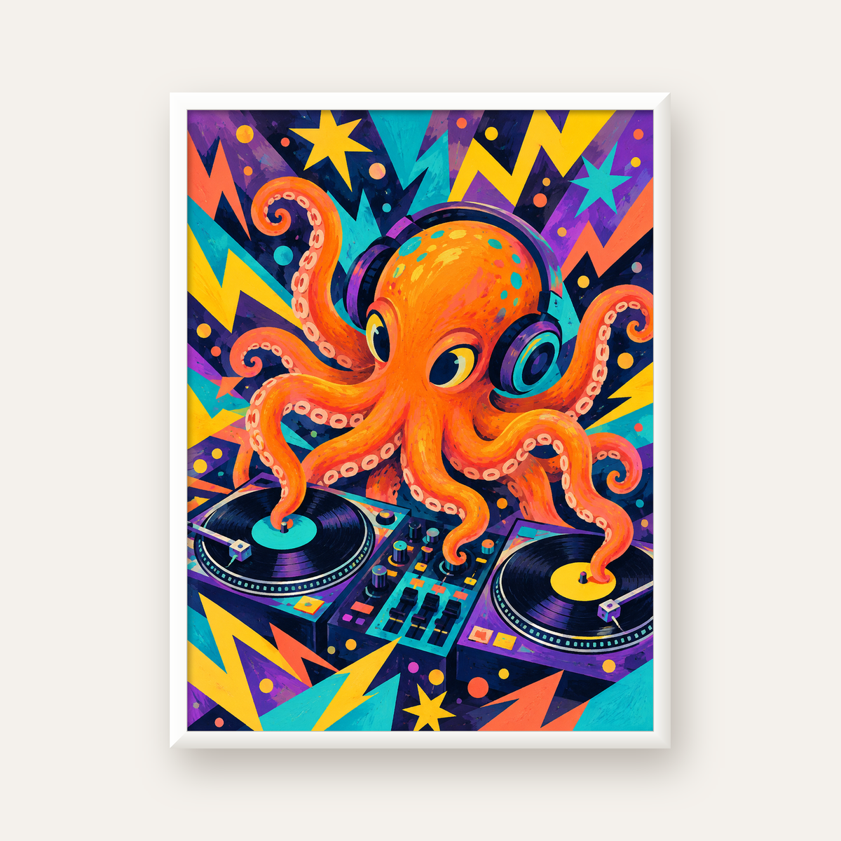 DJ Ahtapot Poster – Renkli Dijital İllüstrasyon Duvar Sanatı — beyaz çerçeveli dikey poster