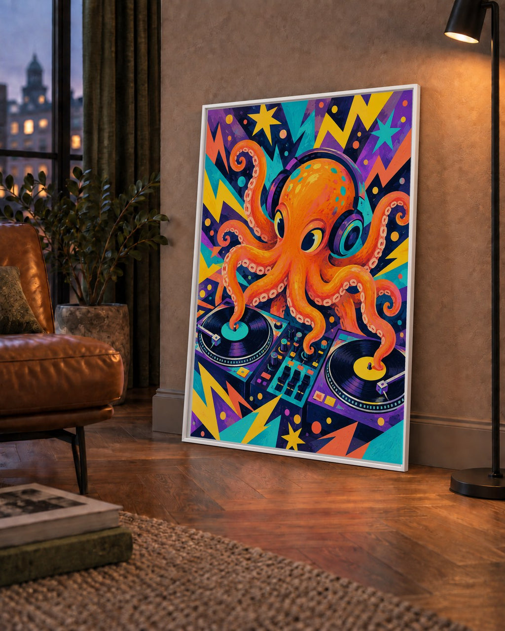 DJ Ahtapot Poster – Renkli Dijital İllüstrasyon Duvar Sanatı