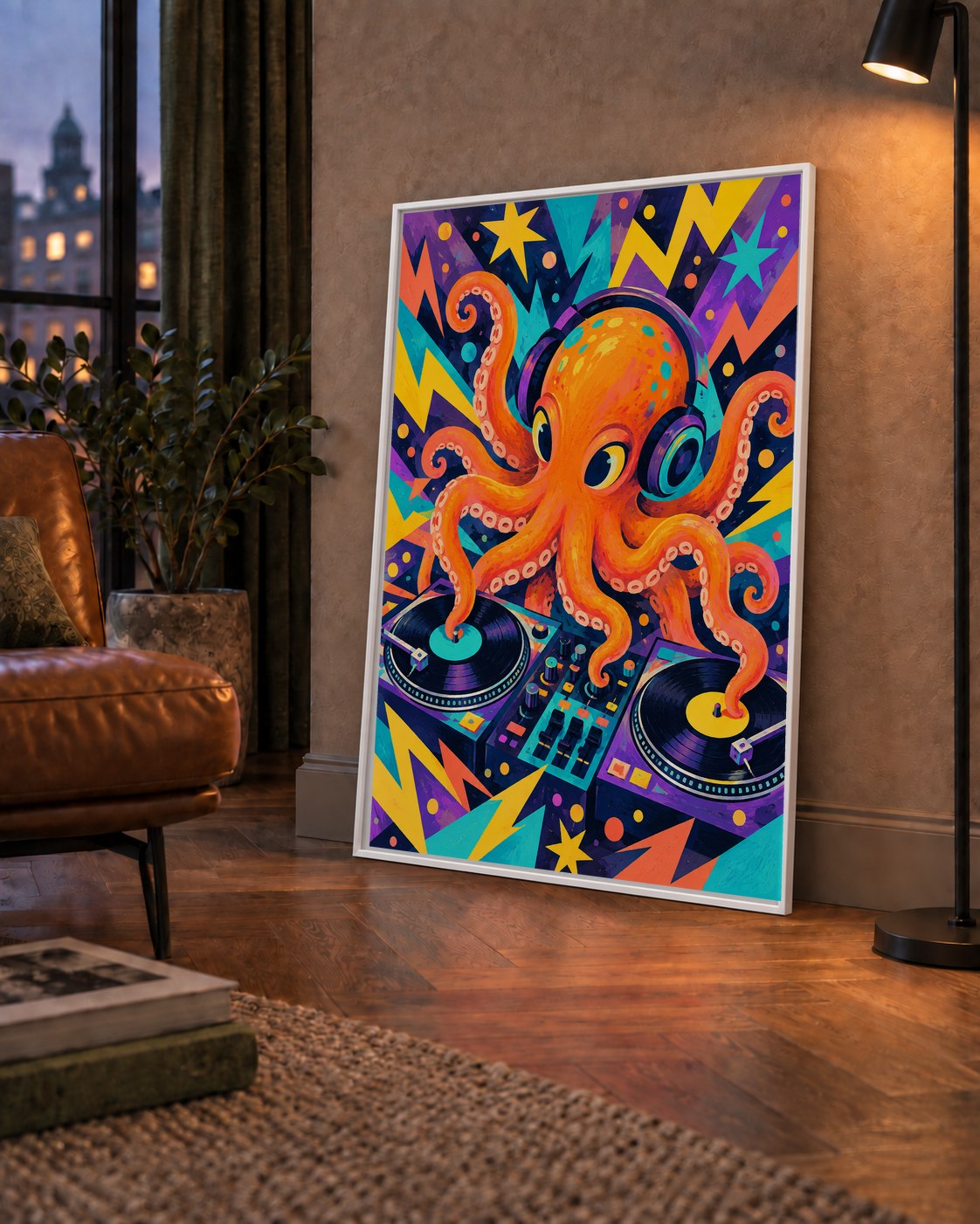 DJ Ahtapot Poster – Renkli Dijital İllüstrasyon Duvar Sanatı