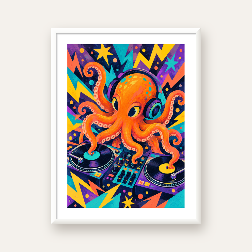 DJ Ahtapot Poster – Renkli Dijital İllüstrasyon Duvar Sanatı — beyaz çerçeveli dikey poster