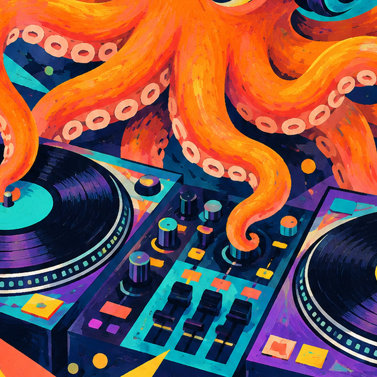 DJ Ahtapot Poster – Renkli Dijital İllüstrasyon Duvar Sanatı — baskının yakın çekimi, kâğıt dokusu ve renk detayı