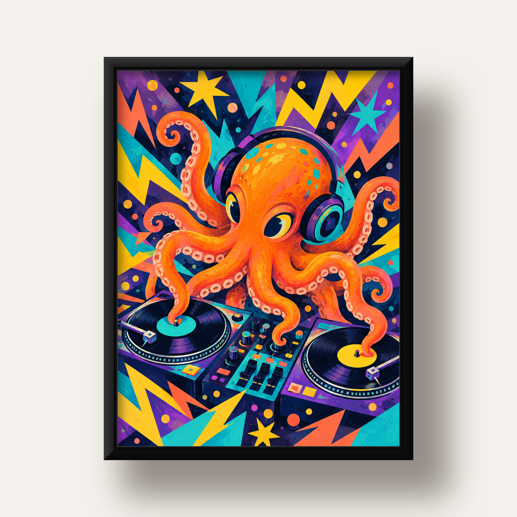 DJ Ahtapot Poster – Renkli Dijital İllüstrasyon Duvar Sanatı — siyah derin çerçeveli