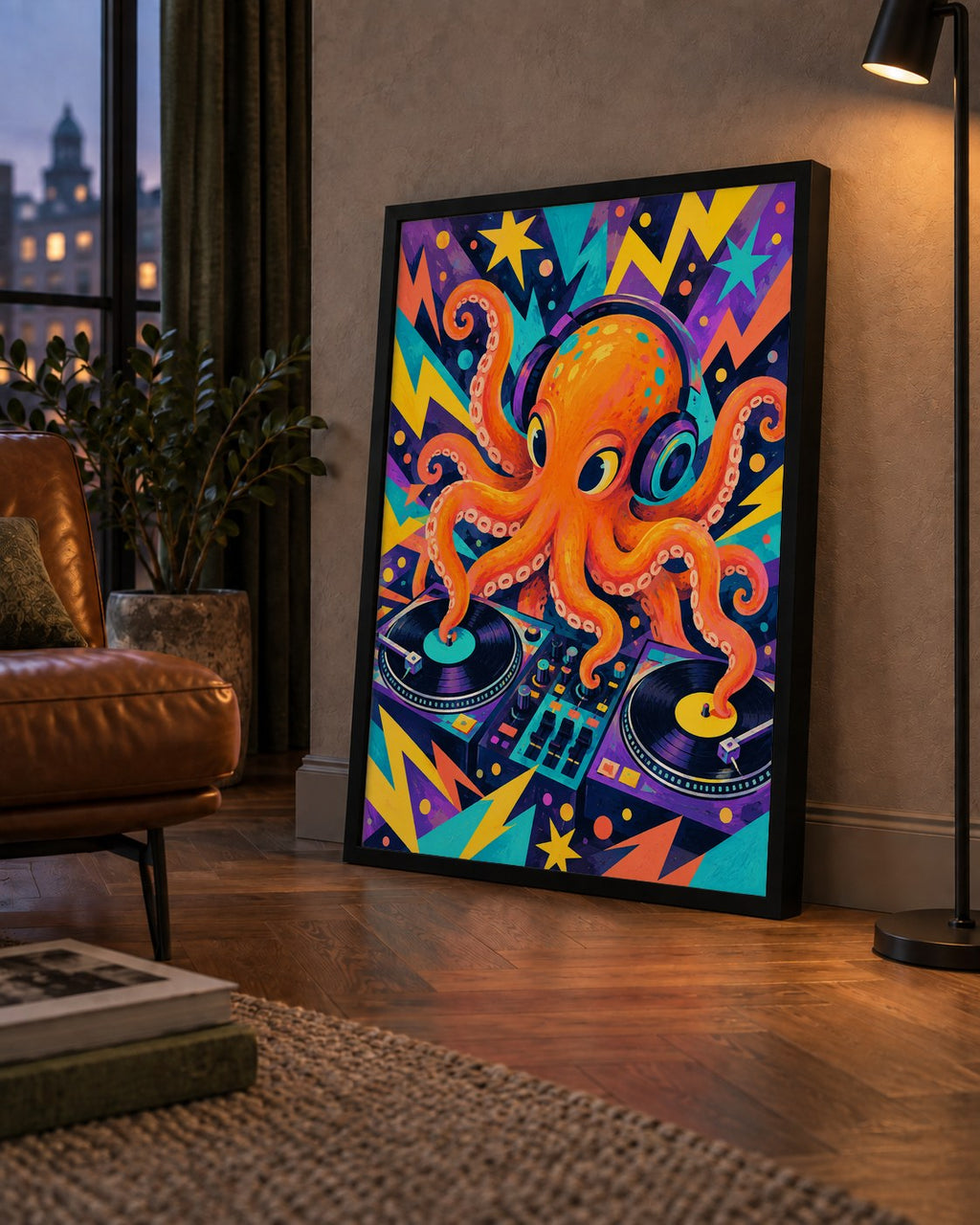 DJ Ahtapot Poster – Renkli Dijital İllüstrasyon Duvar Sanatı