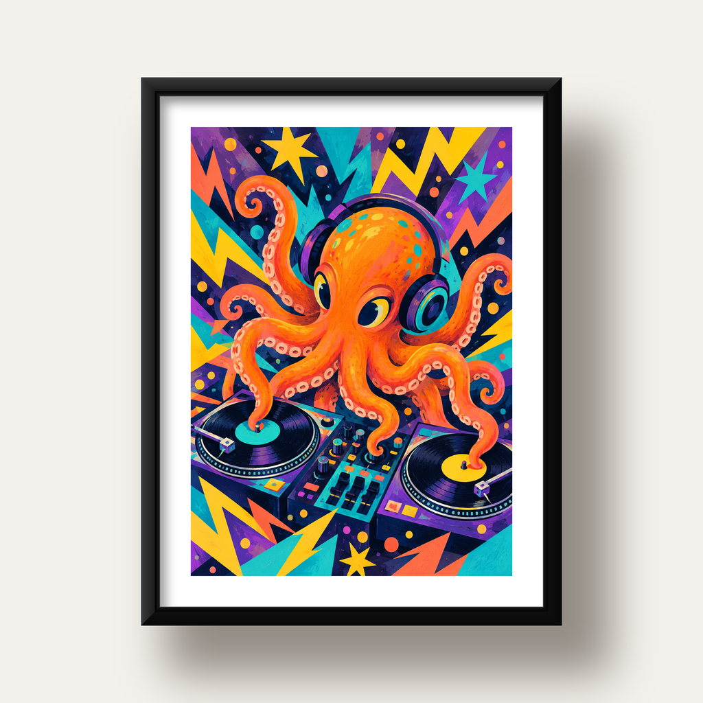 DJ Ahtapot Poster – Renkli Dijital İllüstrasyon Duvar Sanatı — siyah derin çerçeveli paspartulu
