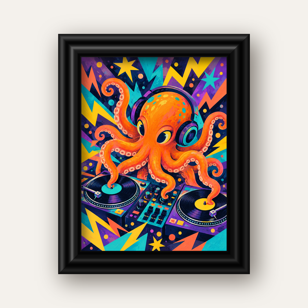 DJ Ahtapot Poster – Renkli Dijital İllüstrasyon Duvar Sanatı — siyah galeri çerçeveli