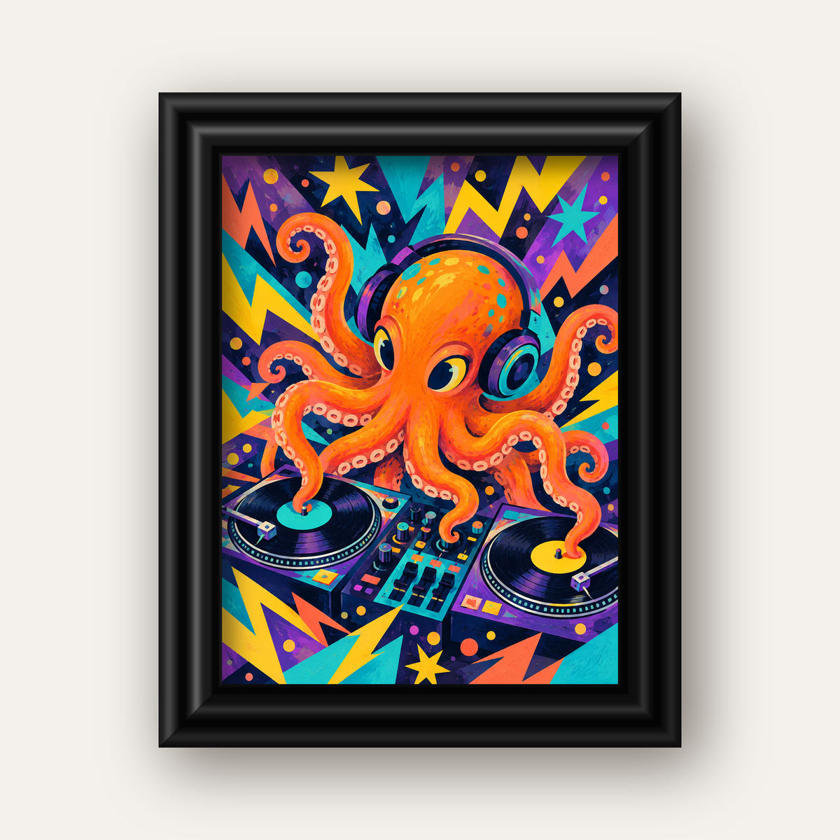 DJ Ahtapot Poster – Renkli Dijital İllüstrasyon Duvar Sanatı — siyah galeri çerçeveli