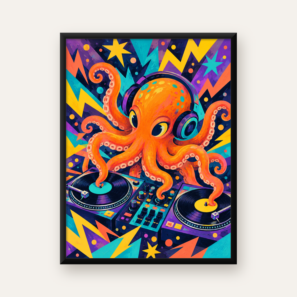 DJ Ahtapot Poster – Renkli Dijital İllüstrasyon Duvar Sanatı — Dikey baskı, düz siyah çerçeveli duvar posteri