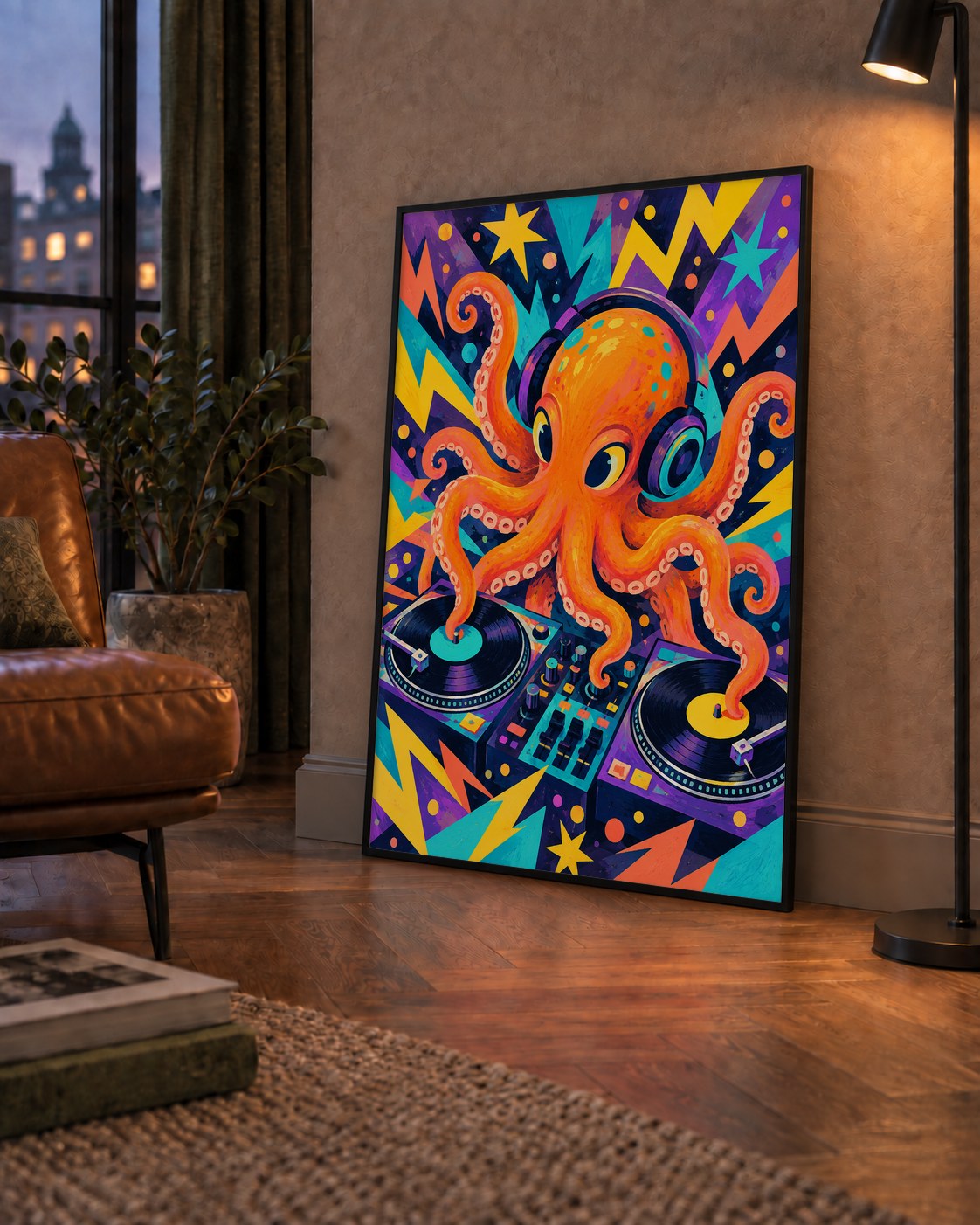 DJ Ahtapot Poster – Renkli Dijital İllüstrasyon Duvar Sanatı