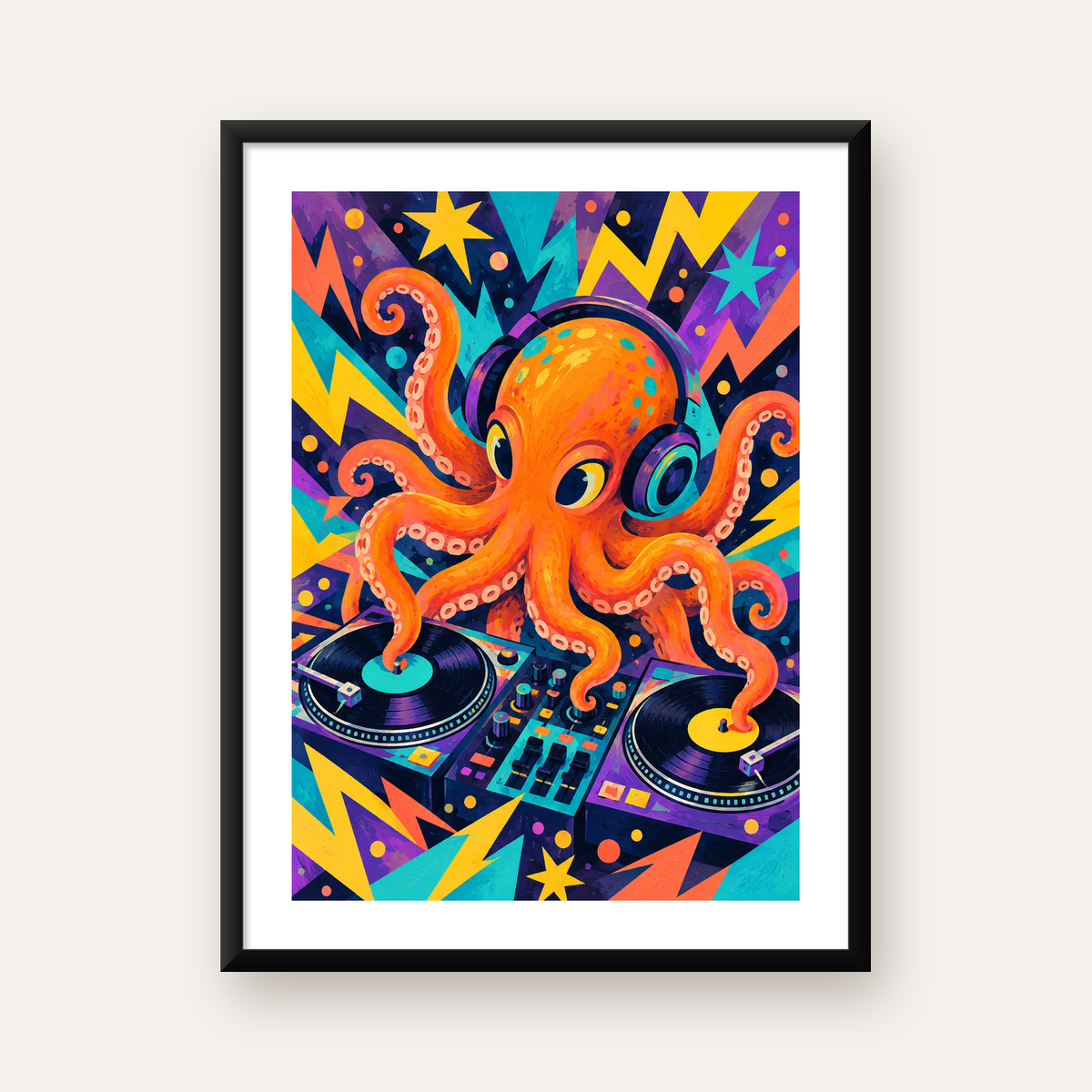 DJ Ahtapot Poster – Renkli Dijital İllüstrasyon Duvar Sanatı — Dikey baskı, beyaz paspartulu
