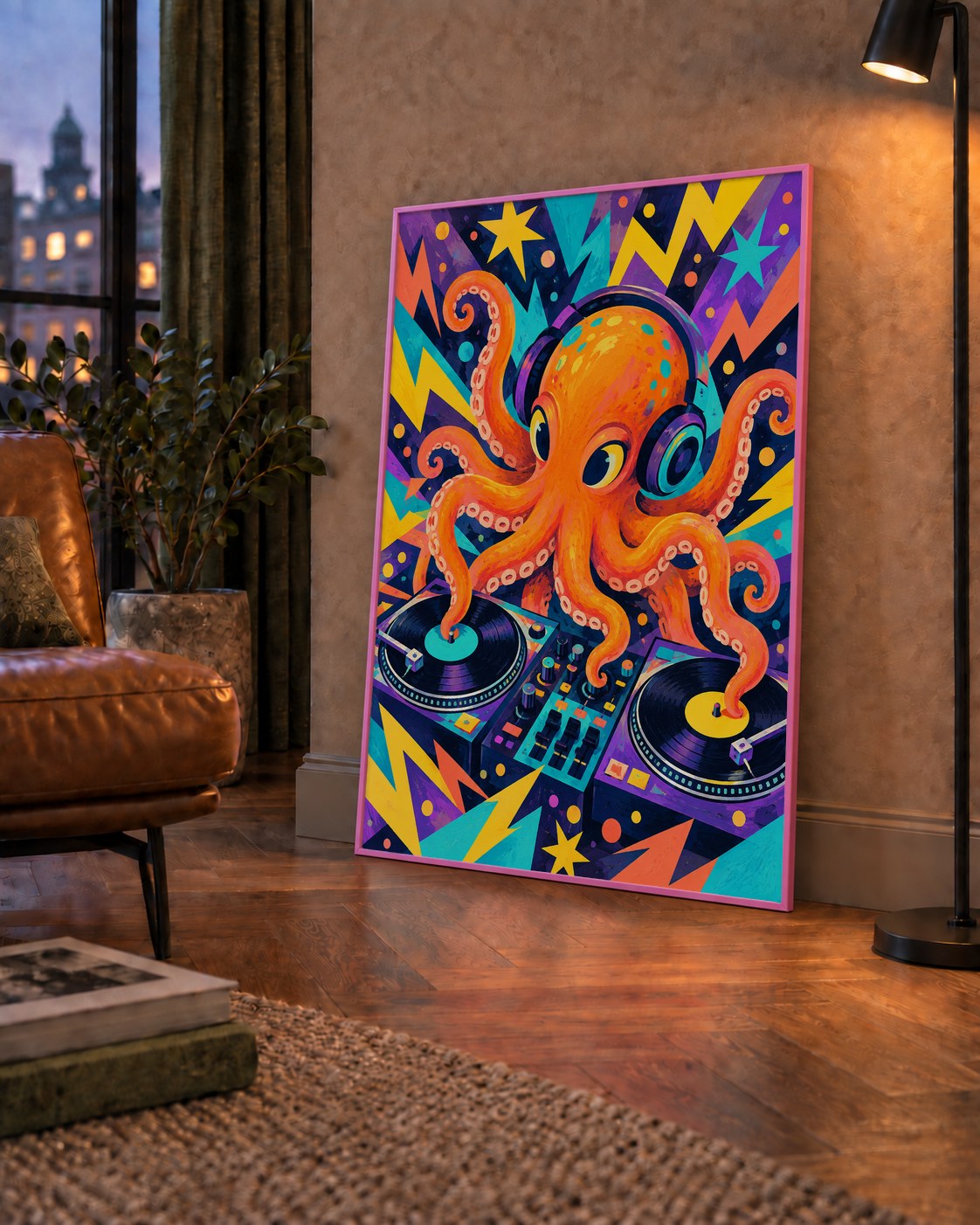 DJ Ahtapot Poster – Renkli Dijital İllüstrasyon Duvar Sanatı