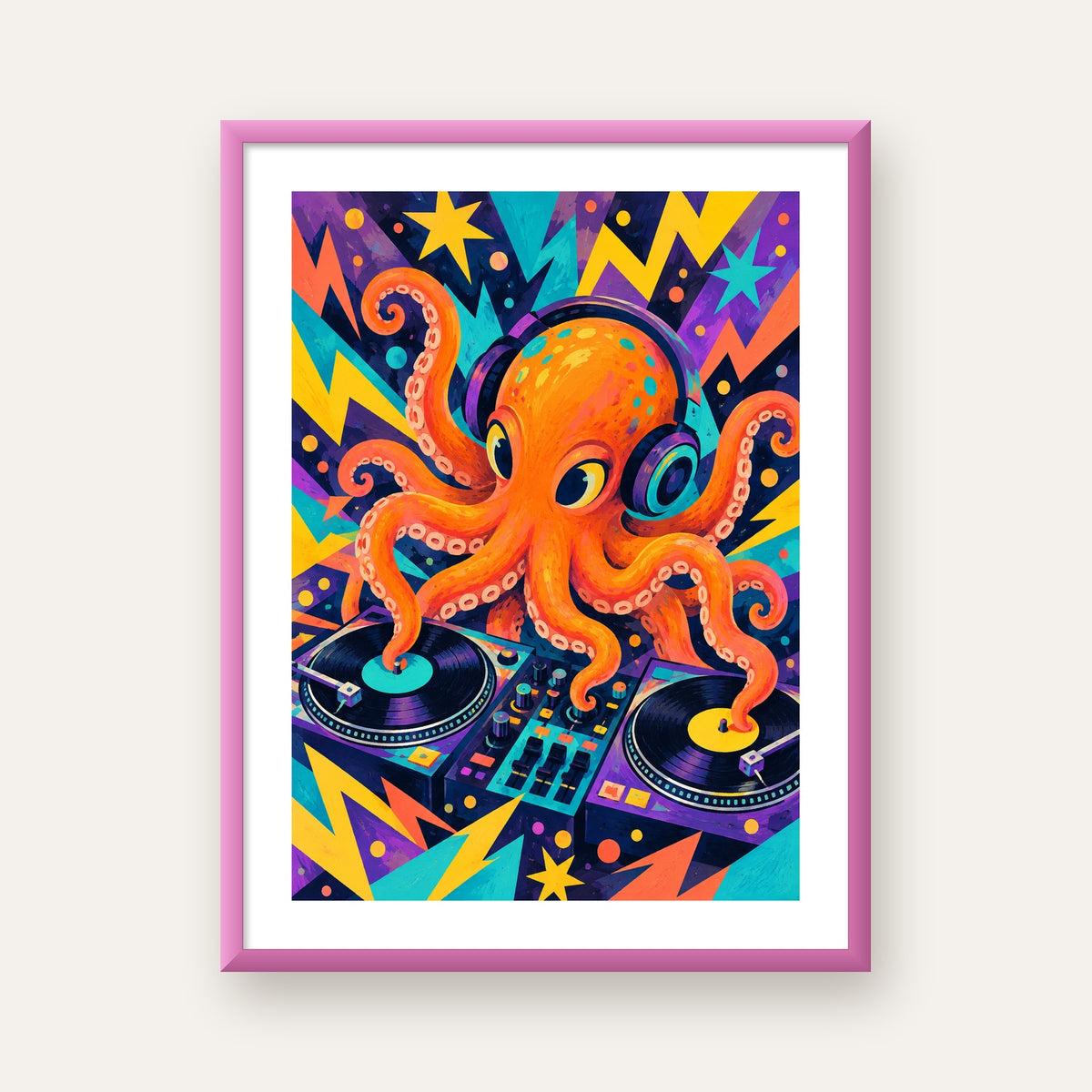 DJ Ahtapot Poster – Renkli Dijital İllüstrasyon Duvar Sanatı — pembe çerçeveli paspartulu