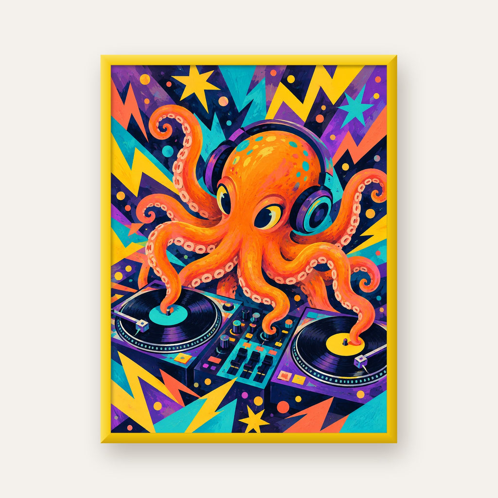 DJ Ahtapot Poster – Renkli Dijital İllüstrasyon Duvar Sanatı — sarı çerçeveli