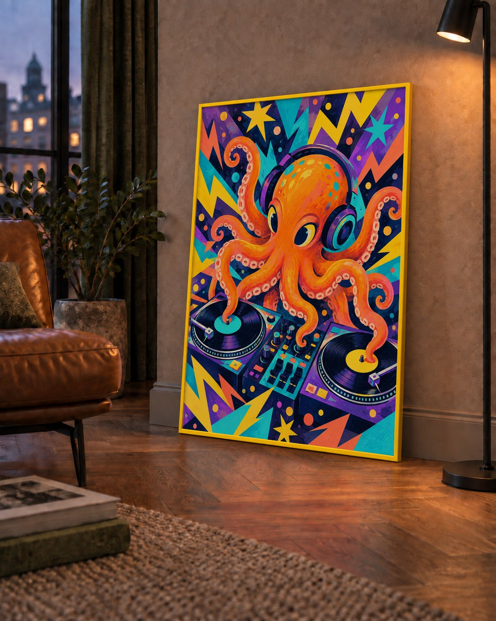DJ Ahtapot Poster – Renkli Dijital İllüstrasyon Duvar Sanatı