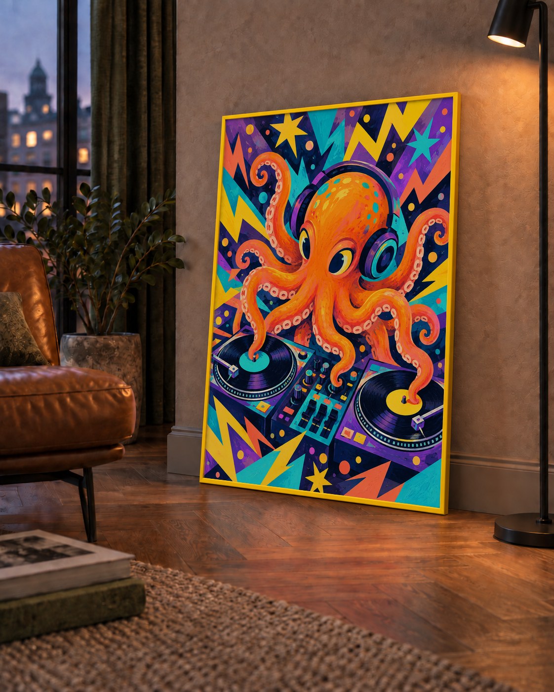 DJ Ahtapot Poster – Renkli Dijital İllüstrasyon Duvar Sanatı