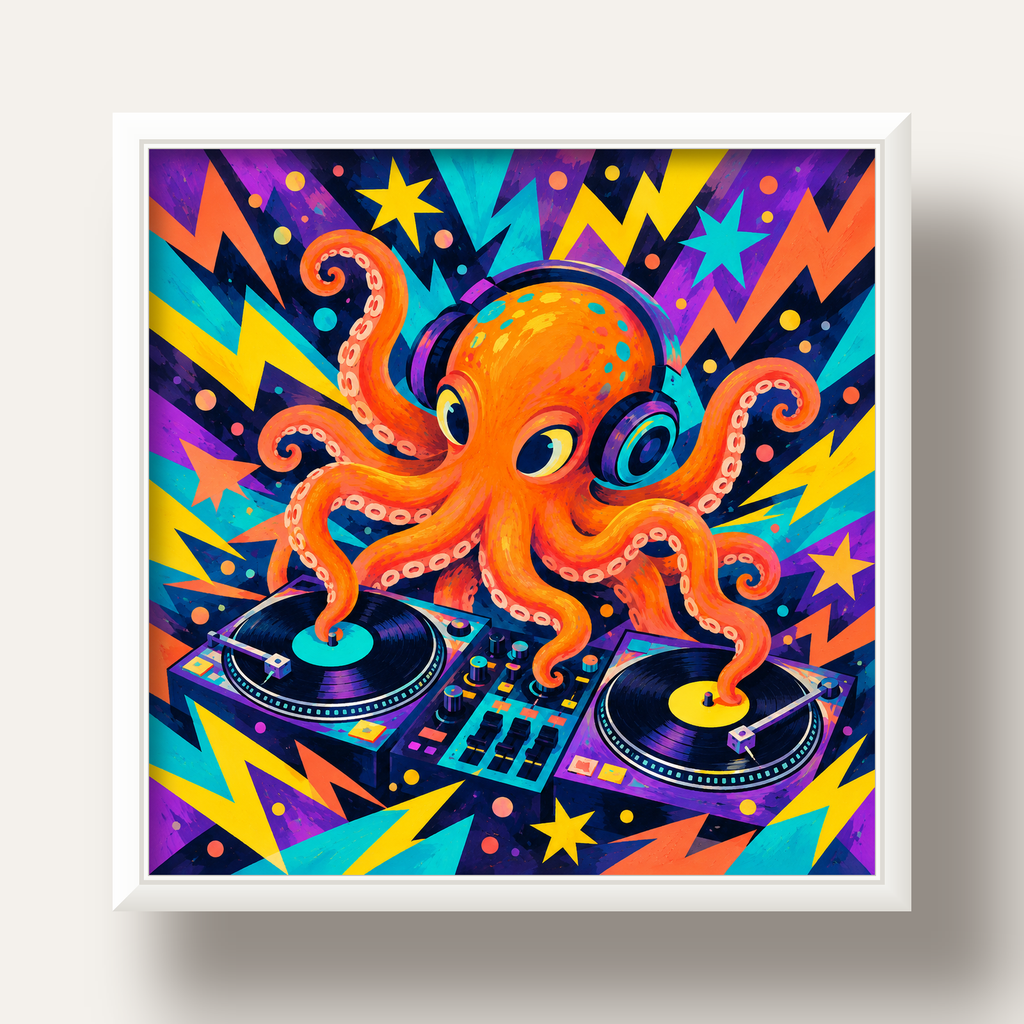 DJ Ahtapot Poster – Renkli Dijital İllüstrasyon Duvar Sanatı — beyaz derin çerçeveli