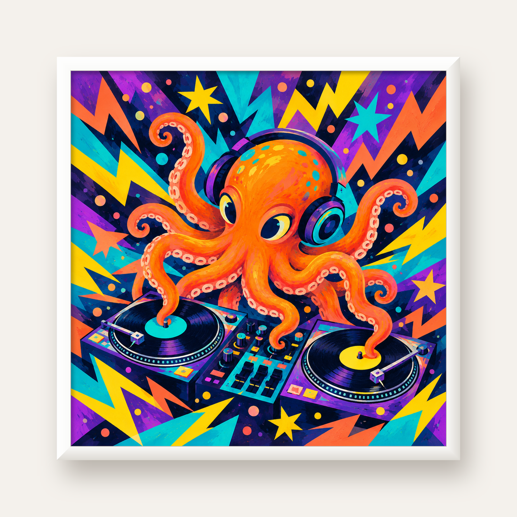 DJ Ahtapot Poster – Renkli Dijital İllüstrasyon Duvar Sanatı — beyaz çerçeveli kare poster