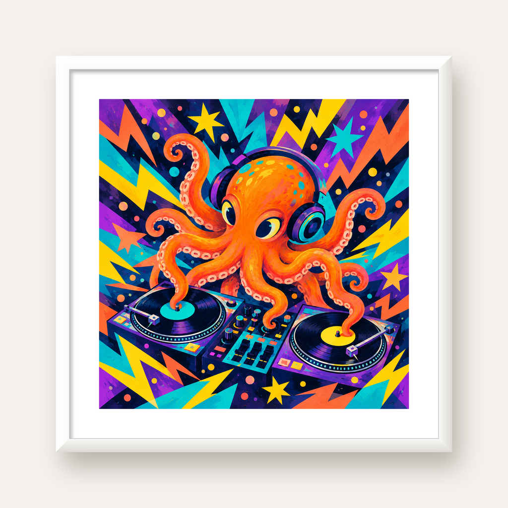 DJ Ahtapot Poster – Renkli Dijital İllüstrasyon Duvar Sanatı — beyaz çerçeveli kare poster