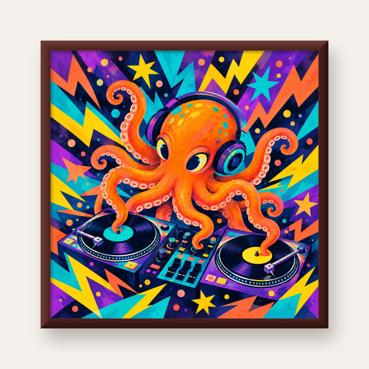 DJ Ahtapot Poster – Renkli Dijital İllüstrasyon Duvar Sanatı — ceviz çerçeveli