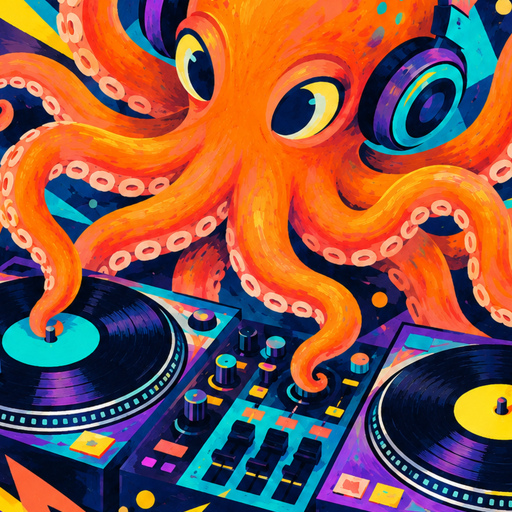 DJ Ahtapot Poster – Renkli Dijital İllüstrasyon Duvar Sanatı — baskının yakın çekimi, kâğıt dokusu ve renk detayı
