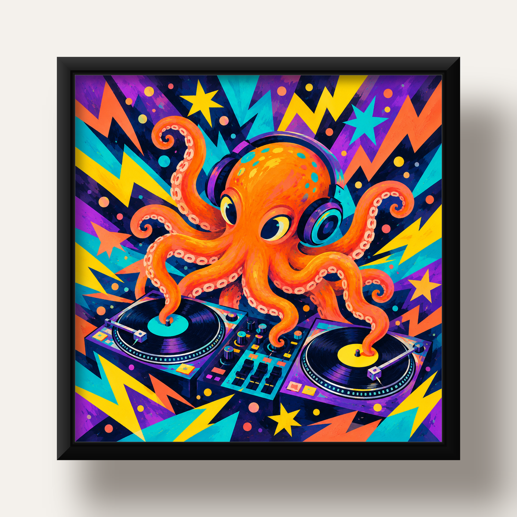 DJ Ahtapot Poster – Renkli Dijital İllüstrasyon Duvar Sanatı — siyah derin çerçeveli