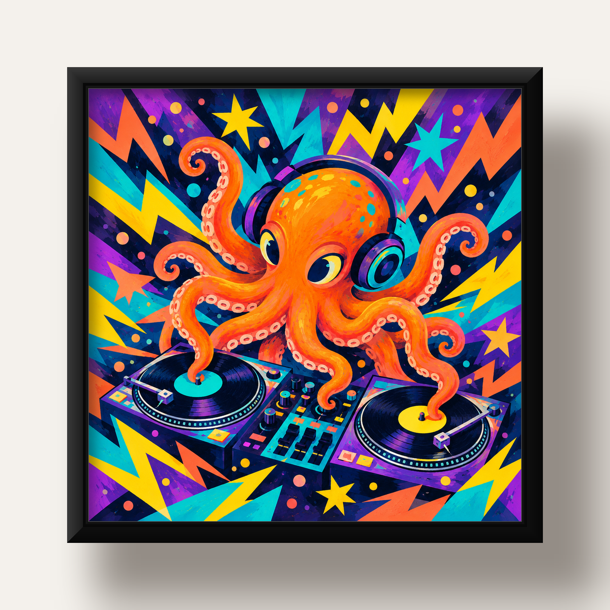 DJ Ahtapot Poster – Renkli Dijital İllüstrasyon Duvar Sanatı — siyah derin çerçeveli