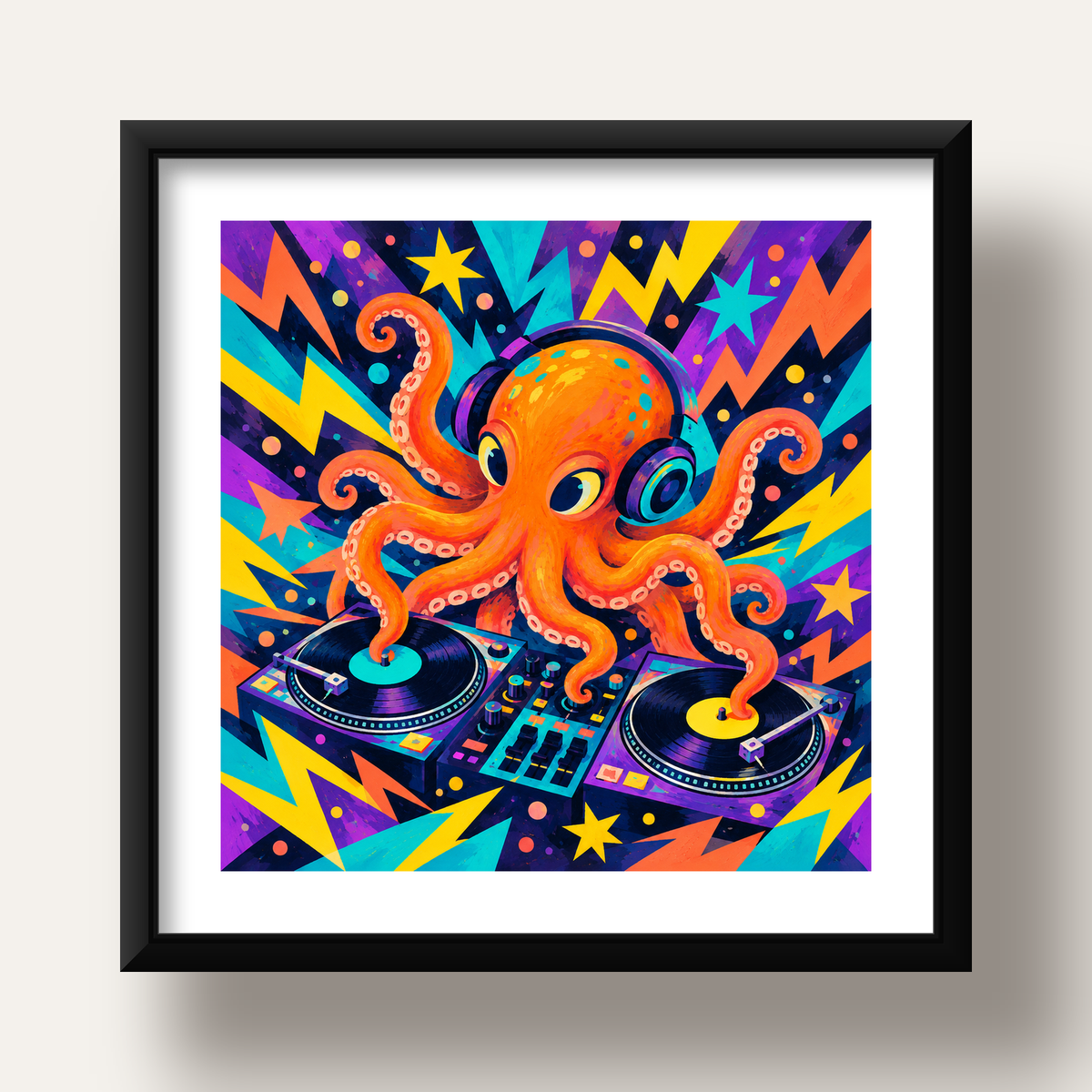 DJ Ahtapot Poster – Renkli Dijital İllüstrasyon Duvar Sanatı — siyah derin çerçeveli paspartulu