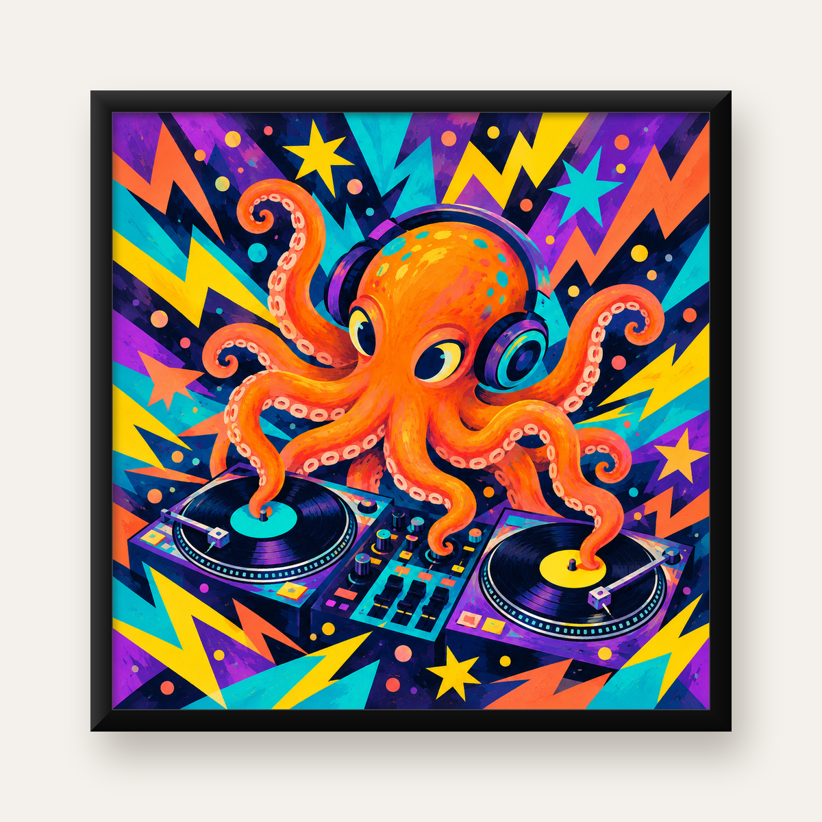 DJ Ahtapot Poster – Renkli Dijital İllüstrasyon Duvar Sanatı — Kare baskı, düz siyah çerçeveli duvar posteri