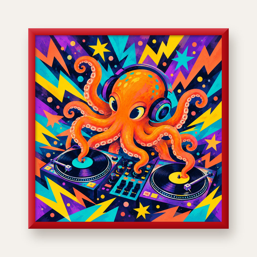 DJ Ahtapot Poster – Renkli Dijital İllüstrasyon Duvar Sanatı — kırmızı çerçeveli
