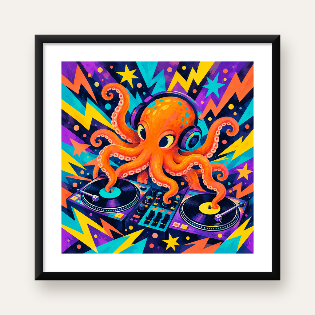 DJ Ahtapot Poster – Renkli Dijital İllüstrasyon Duvar Sanatı — Kare baskı, beyaz paspartulu