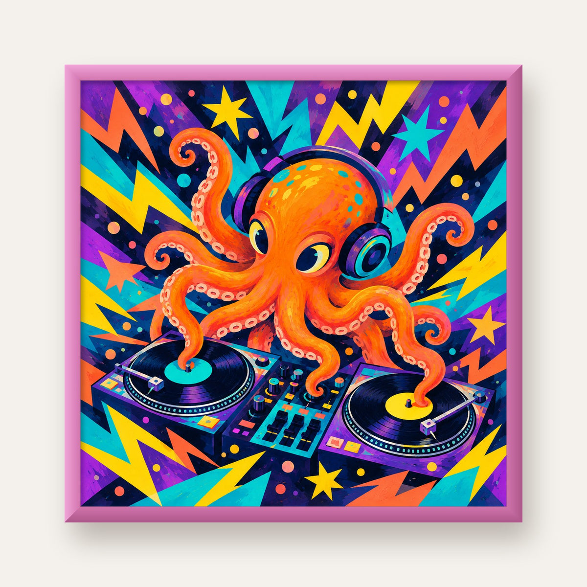 DJ Ahtapot Poster – Renkli Dijital İllüstrasyon Duvar Sanatı — pembe çerçeveli