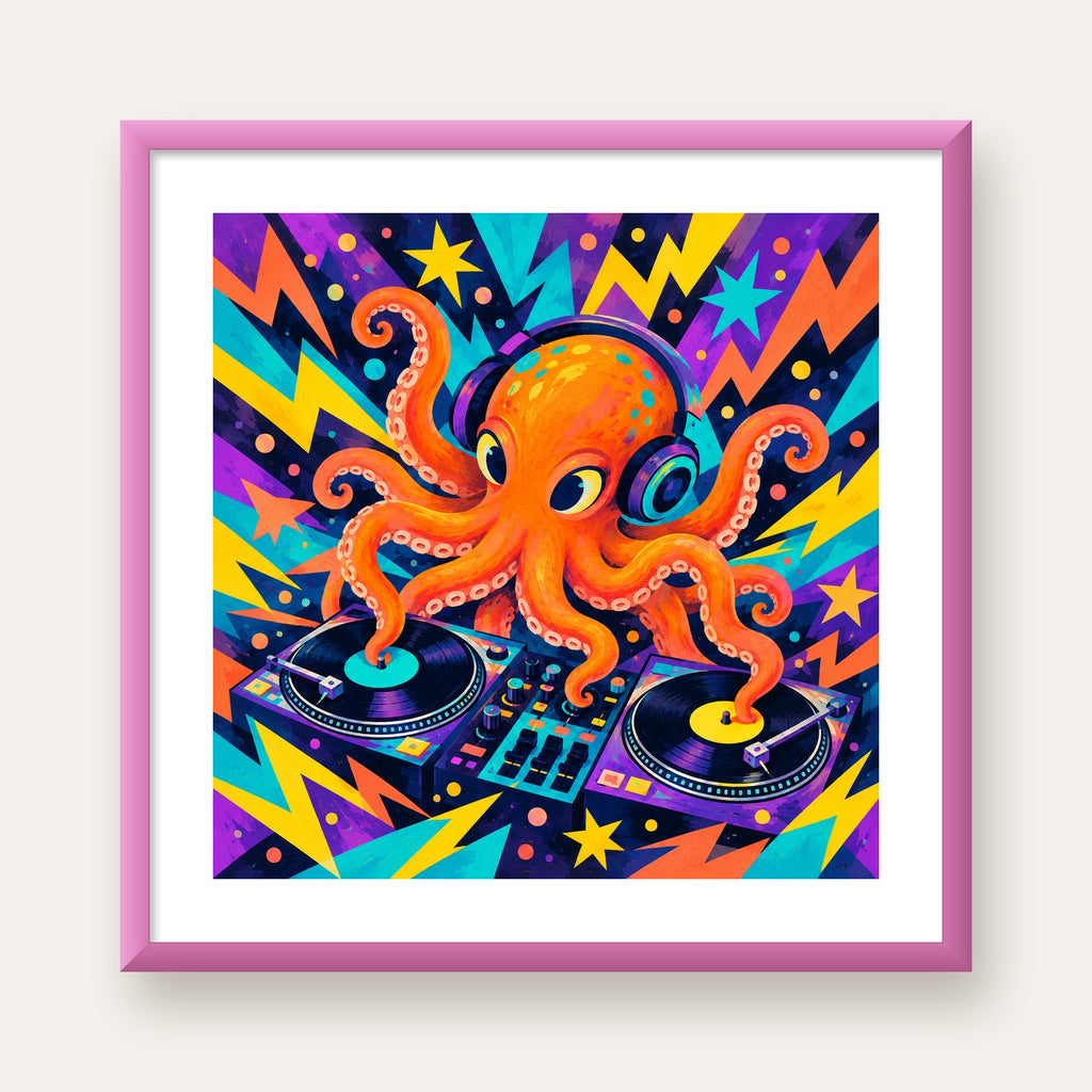 DJ Ahtapot Poster – Renkli Dijital İllüstrasyon Duvar Sanatı — pembe çerçeveli paspartulu