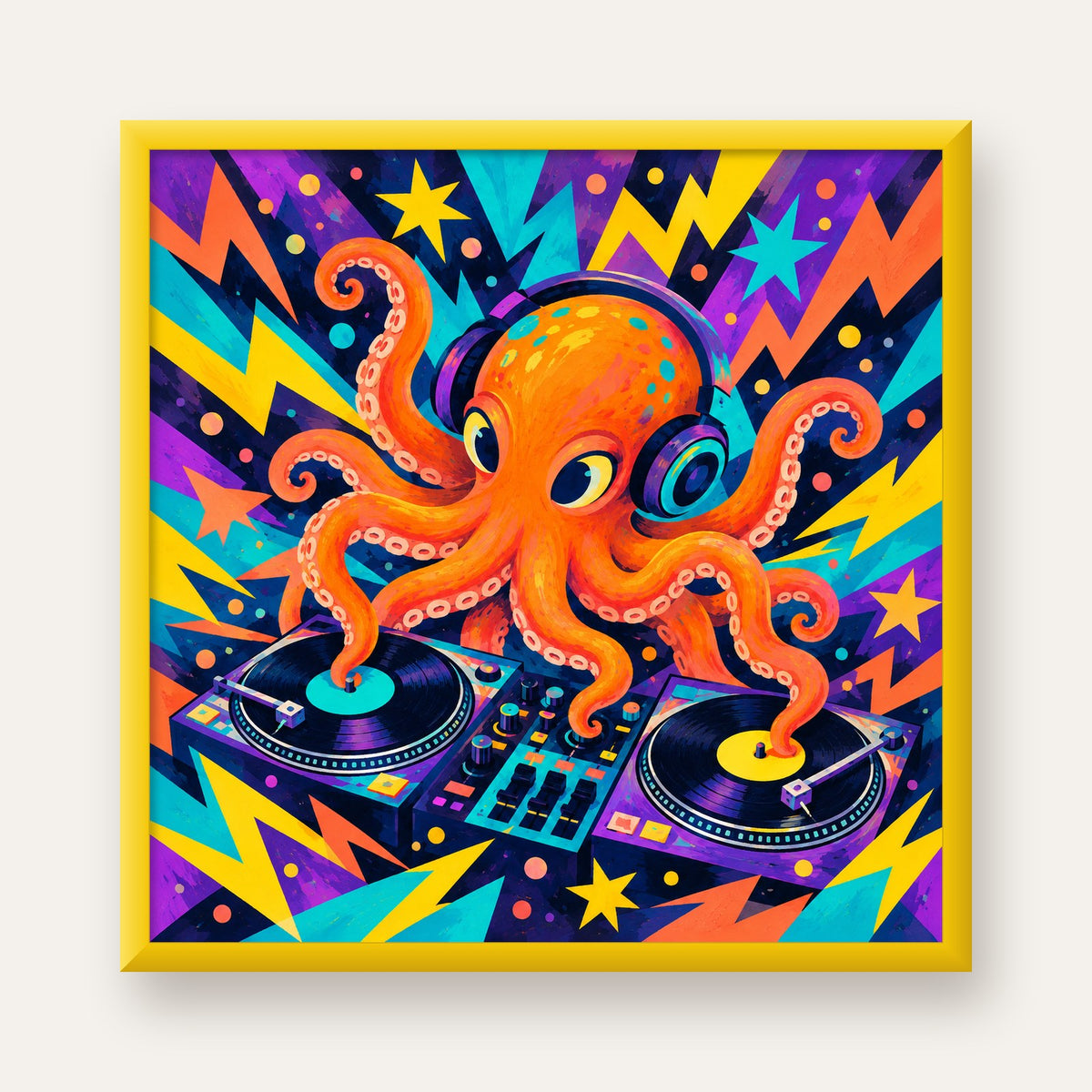 DJ Ahtapot Poster – Renkli Dijital İllüstrasyon Duvar Sanatı — sarı çerçeveli