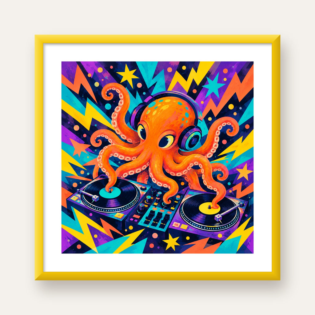 DJ Ahtapot Poster – Renkli Dijital İllüstrasyon Duvar Sanatı — sarı çerçeveli paspartulu