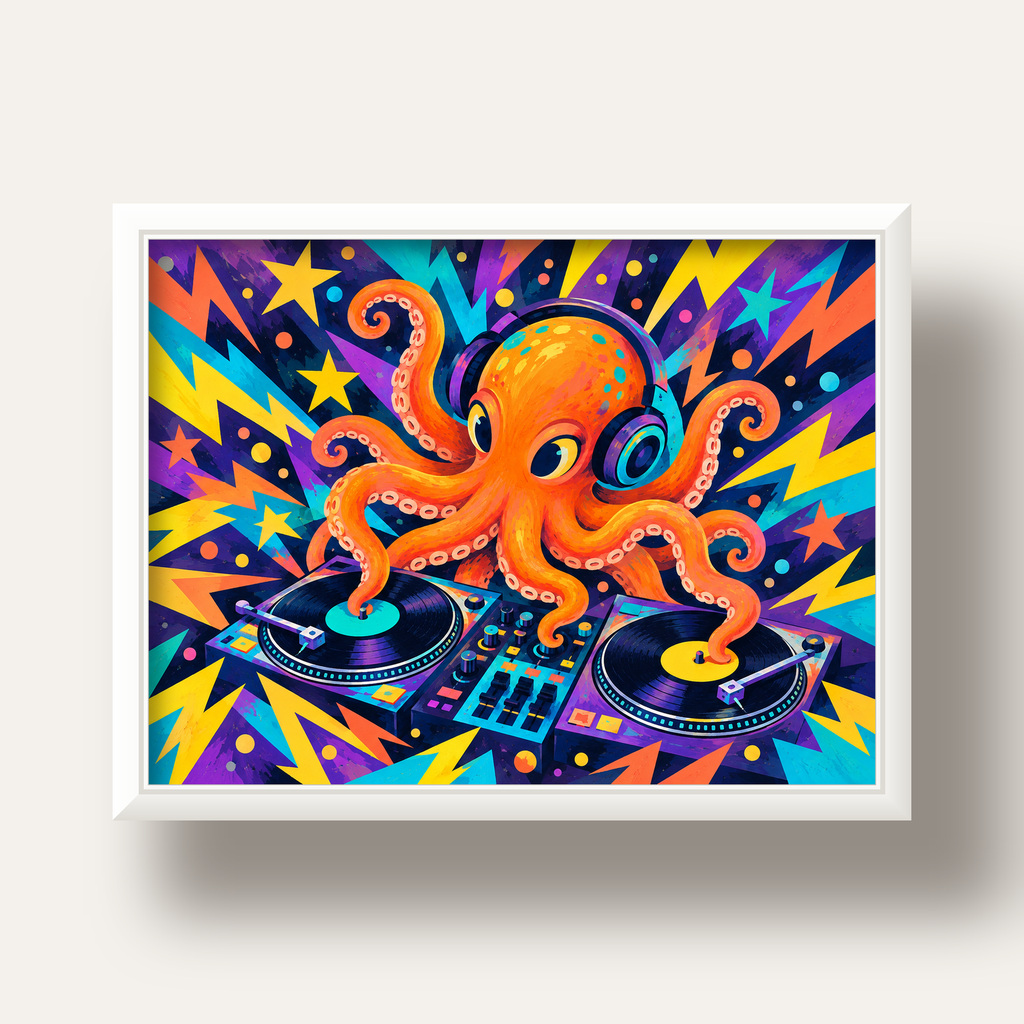 DJ Ahtapot Poster – Renkli Dijital İllüstrasyon Duvar Sanatı — beyaz derin çerçeveli