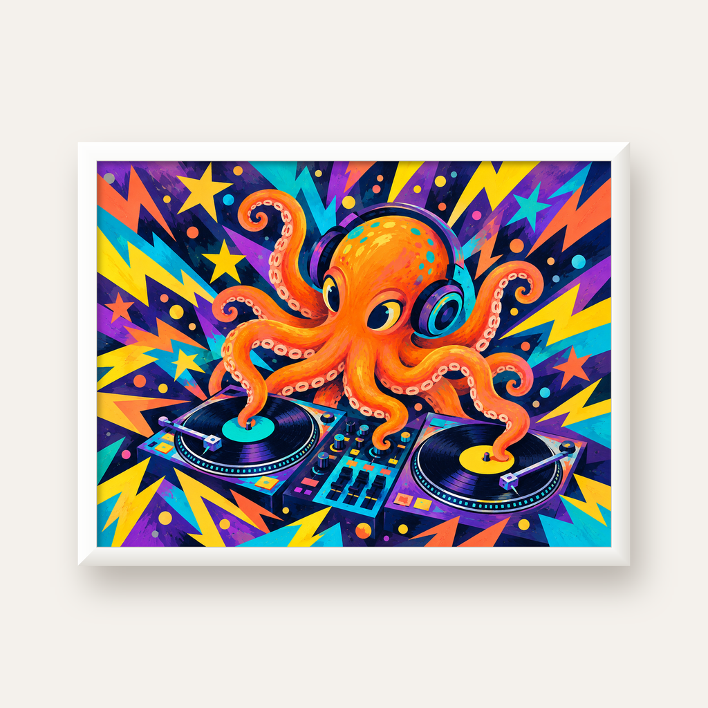 DJ Ahtapot Poster – Renkli Dijital İllüstrasyon Duvar Sanatı — beyaz çerçeveli yatay poster