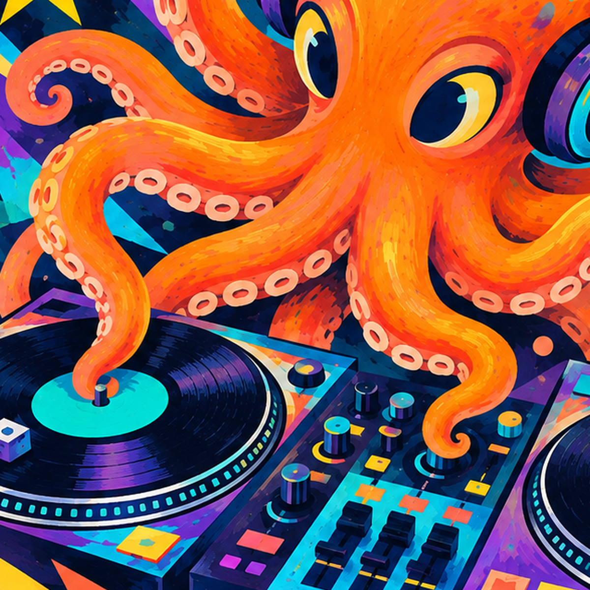 DJ Ahtapot Poster – Renkli Dijital İllüstrasyon Duvar Sanatı — baskının yakın çekimi, kâğıt dokusu ve renk detayı